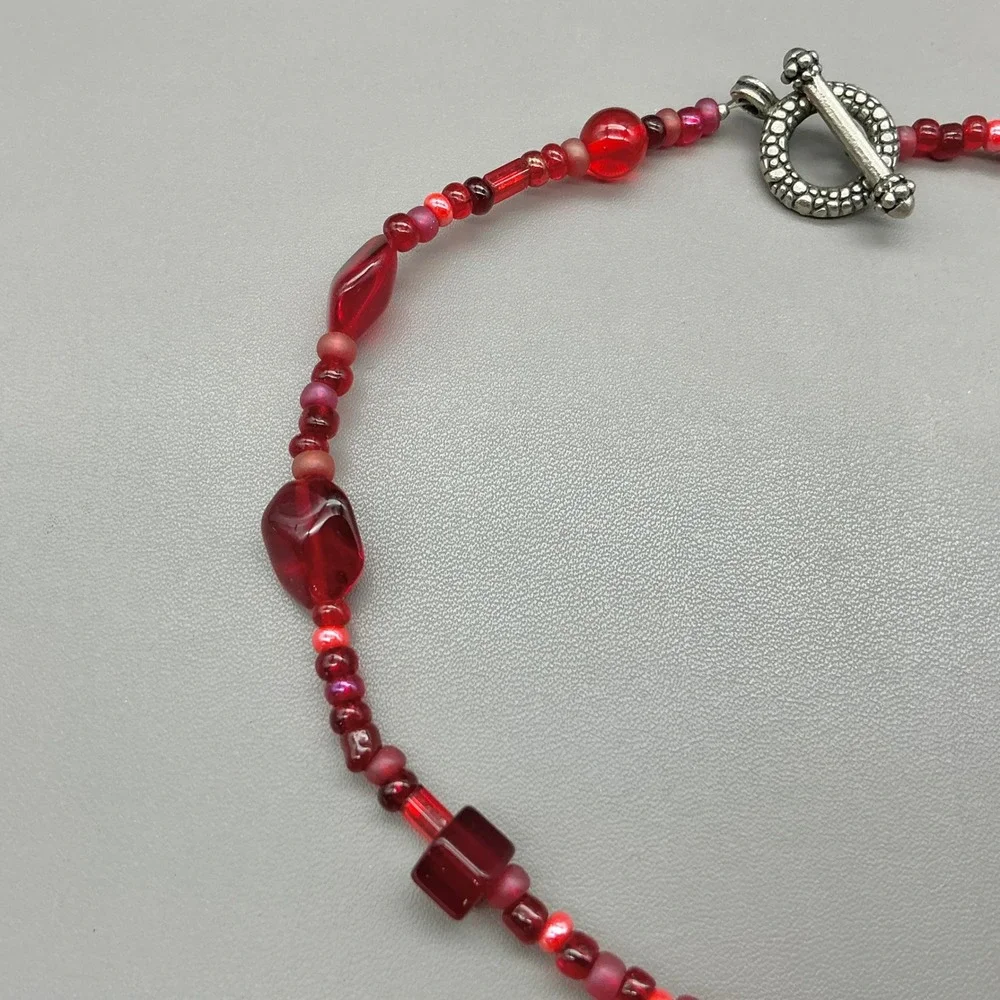 Beaded Necklace Women Red Glass Multi Shape Eclectic Artisan Toggle Clasp 14 In